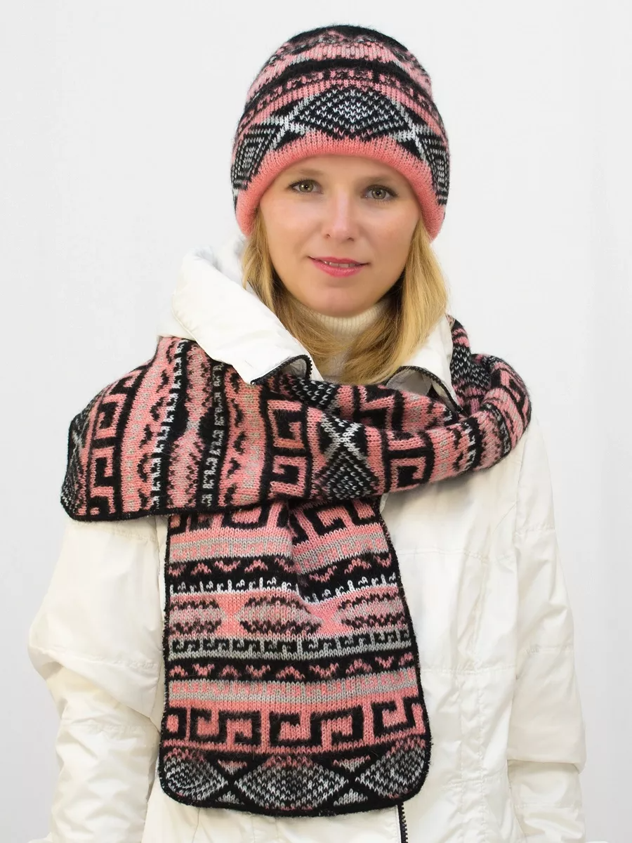 Комплект зимний женский шапка+шарф Зима (Цвет коралловый), размер 56-58, шерсть 30%, мохер 50%