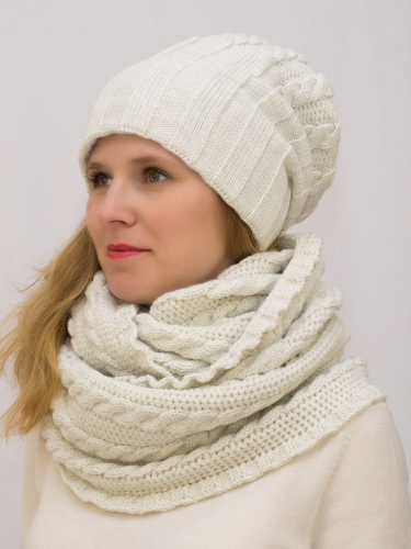 Комплект зимний женский шапка+снуд Марта (Цвет молочный), размер 56-58, шерсть 30%