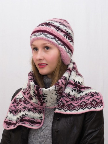 Комплект зимний женский шапка+шарф Мохер (Цвет розовый/черный), размер 54-56, мохер 50%