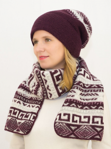 Комплект зимний женский шапка+шарф Зима (Цвет бордовый), размер 56-58, шерсть 30% , мохер 50%