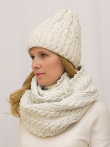 Комплект зимний женский шапка+снуд Джессика (Цвет молочный), размер 54-58, шерсть 30%