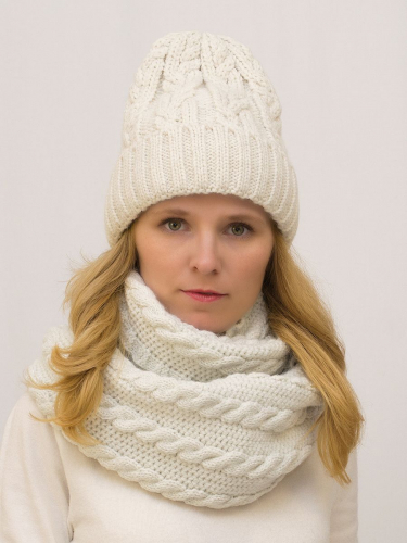 Комплект зимний женский шапка+снуд Джессика (Цвет молочный), размер 54-58, шерсть 30%