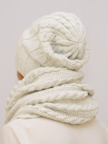 Комплект зимний женский шапка+снуд Марта (Цвет молочный), размер 56-58, шерсть 30%