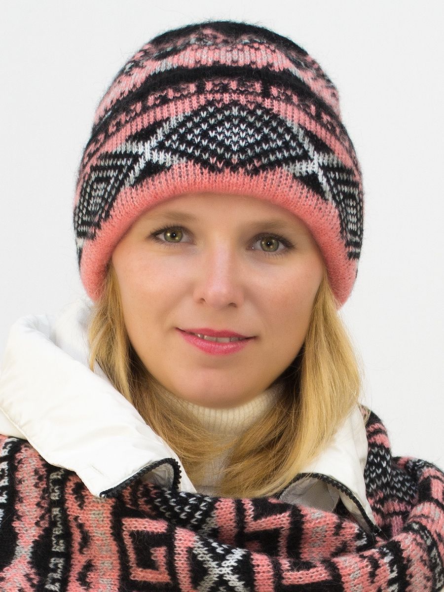 Комплект зимний женский шапка+шарф Зима (Цвет коралловый), размер 56-58, шерсть 30%, мохер 50%