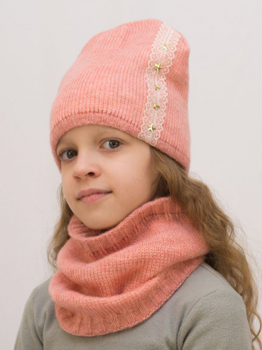 Комплект весна-осень для девочки шапка+снуд Влада (Цвет абрикосовый), размер 52-54, шерсть 30%