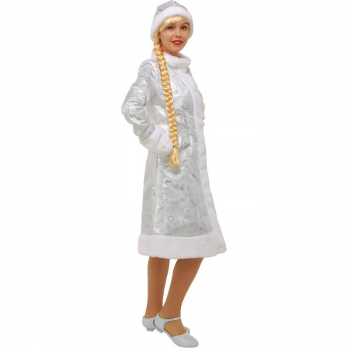 Карнавальный костюм «Снегурочка», шубка из парчи, шапочка, рукавички, цвет серебристый, р. 52