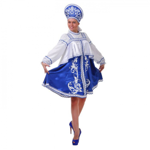 Русский женский костюм, платье с отлетной кокеткой, кокошник, цвет синий, р-р 48, рост 172 см