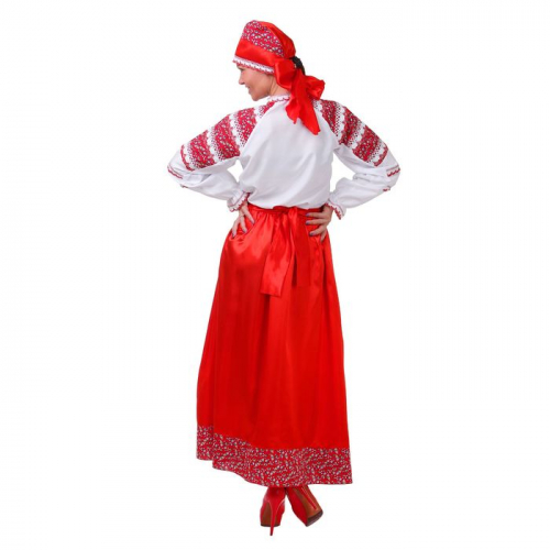 Русский женский костюм, блузка, юбка с фартуком, сорока, цвет красный, р-р 46, рост 172 см