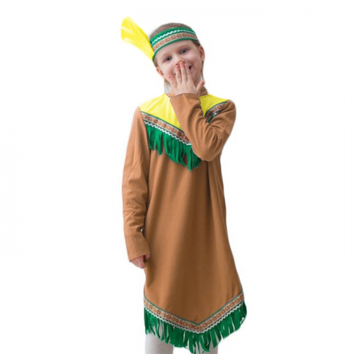 Карнавальный костюм «Девочка-индеец», трикотаж, платье, повязка с перьями, рост 122-134 см, тесьма МИКС