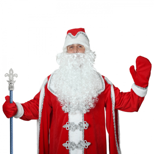 Дед Мороз с серебряным декором,на подкладе,шуба,шапка,варежки, борода,парик,плюш р-р 52-54 р   39303