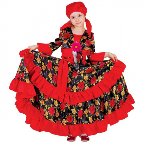 Карнавальный цыганский костюм с двойной оборкой по юбке, р. 32, рост 122 см, цвет красный