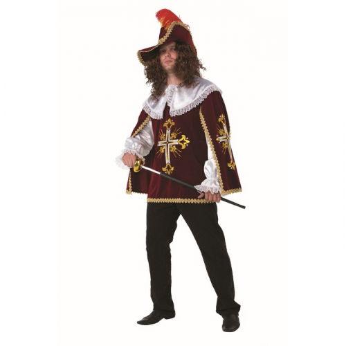 Карнавальный костюм для взрослых «Мушкетёр», бархат, плащ, парик, шляпа, р. 50, рост 182 см, цвет бордовый