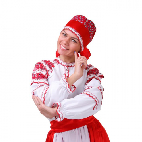 Русский женский костюм, блузка, юбка с фартуком, сорока, цвет красный, р-р 46, рост 172 см