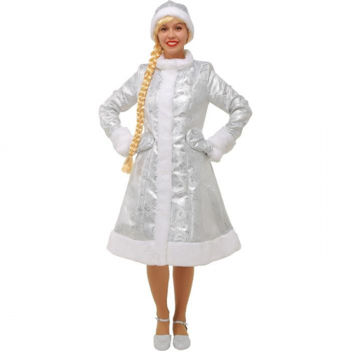 Карнавальный костюм «Снегурочка», шубка из парчи, шапочка, рукавички, цвет серебристый, р. 46