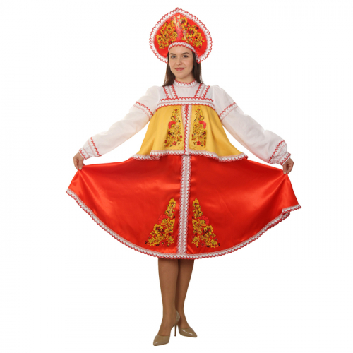 Русский женский костюм: платье с отлетной кокеткой, кокошник, цвет красно-жёлтый, р-р 46, рост 170 см