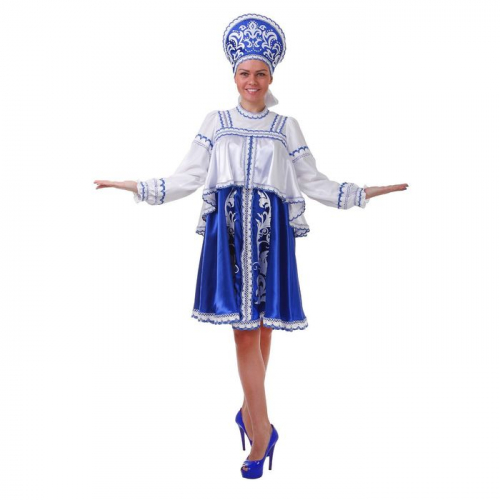 Русский женский костюм, платье с отлетной кокеткой, кокошник, цвет синий, р-р 42, рост 172 см