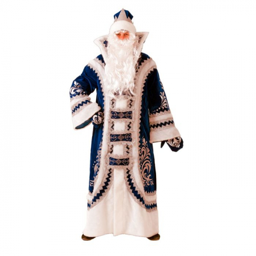 Карнавальный костюм «Дед Мороз купеческий», шуба, шапка, варежки, борода, парик, мешок, цвет синий, р. 54-56, рост 188 см