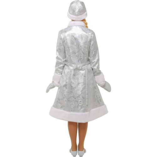 Карнавальный костюм «Снегурочка», шубка из парчи, шапочка, рукавички, цвет серебристый, р. 54