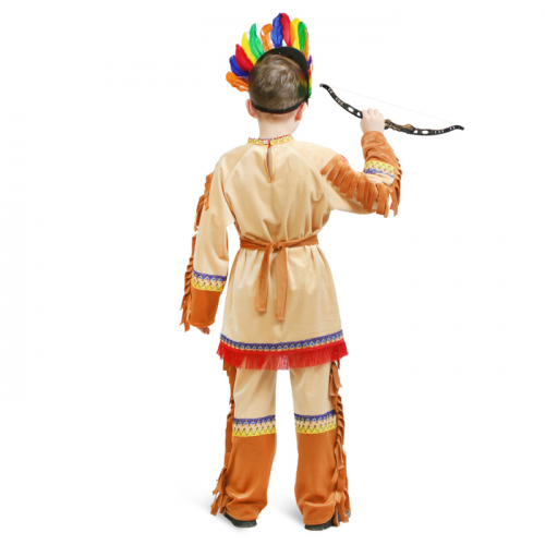 Карнавальный костюм «Индеец», куртка, брюки, фартук, головной убор, лук, р. 36, рост 134-140 см