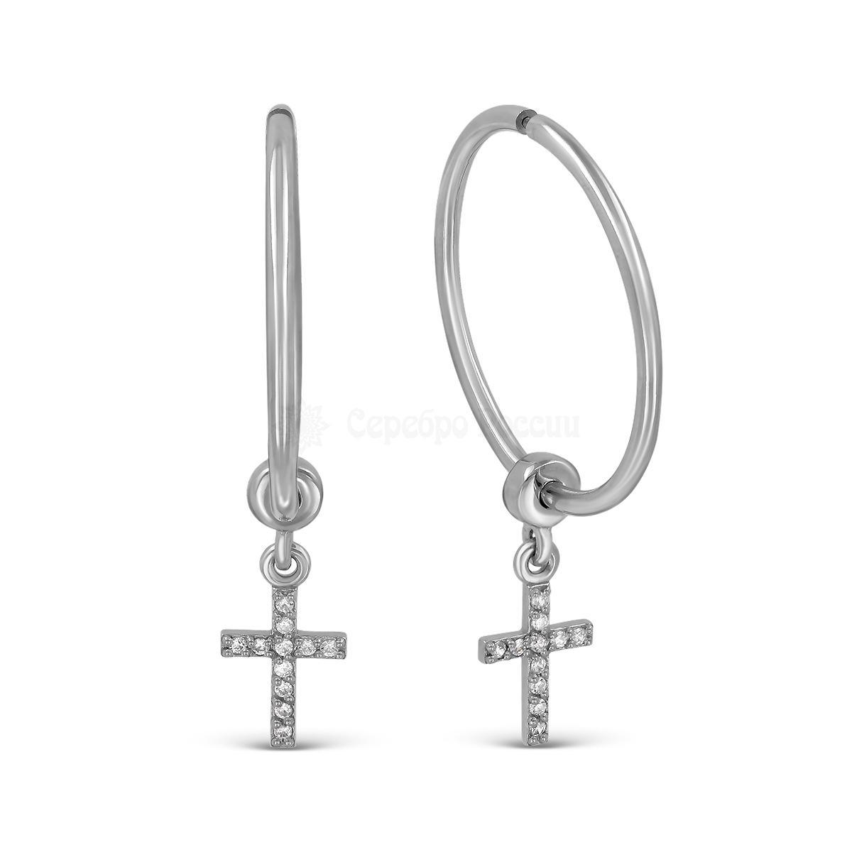 Серьги кольца кресты из серебра с фианитами (2 в 1) 925 пробы Са-017р200