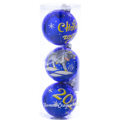 Набор стеклянных елочных шаров Новый год 6 см, 3 шт, синий