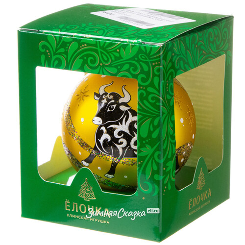 Стеклянный елочный шар Зодиак - Могучий Бык 85 мм золотой