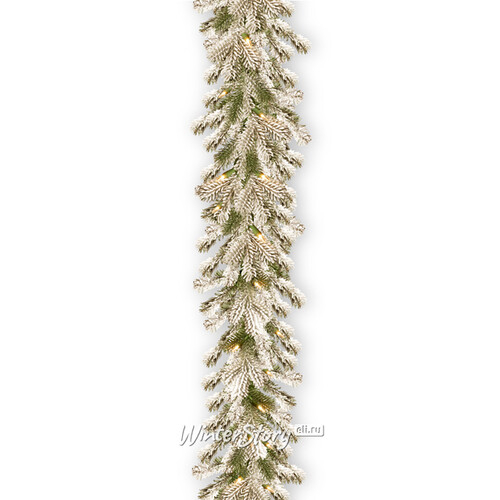 Хвойная гирлянда с лампочками Шеффилд заснеженная 274*25 см, 70 теплых белых LED ламп на батарейках, ПВХ + ЛИТАЯ (National Tree Company)