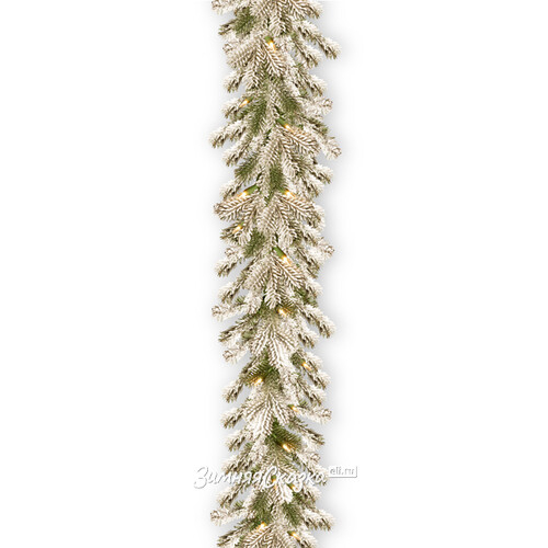Хвойная гирлянда с лампочками Шеффилд заснеженная 274*25 см, 70 теплых белых LED ламп на батарейках, ПВХ + ЛИТАЯ (National Tree Company)