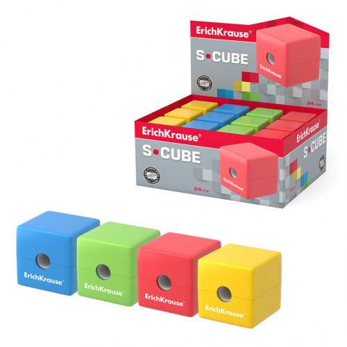 Пластиковая точилка ErichKrause® S-Cube с контейнером, цвет ассорти (в коробке по 24 шт.)