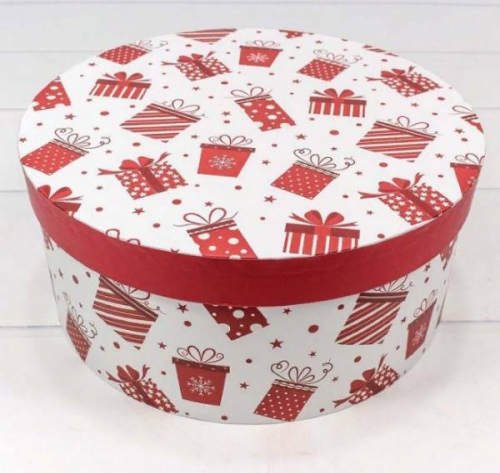 Набор Новогодних подарочных коробок из 3 шт Круг 25,5*11,5 Подарки красные на белом