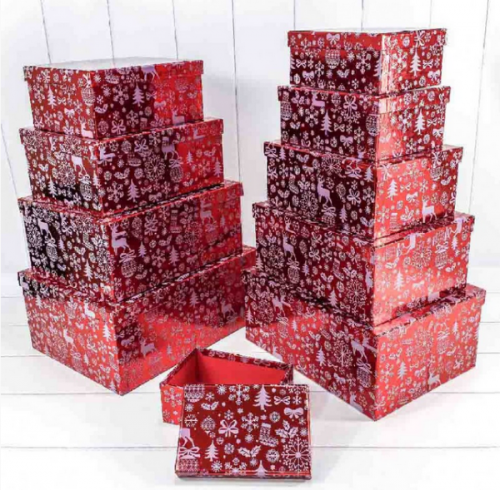 Набор Новогодних подарочных коробок из 10шт Прямоугольник 37,5*29*16 Новогодний красный