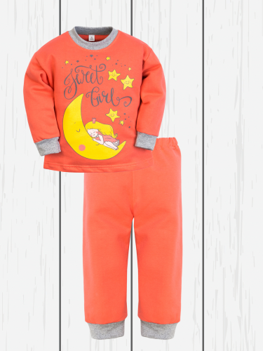 Пижама детская с принтом (футер) арт.802п-коралл_девочка_на_луне