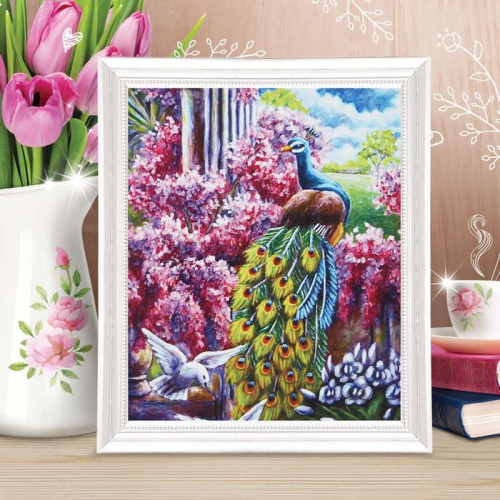 Роспись по холсту «Павлин в цветах» по номерам с красками по 3 мл+ кисти+крепеж, 30×40 см