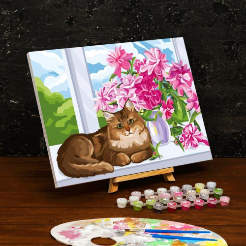 Картина по номерам на холсте с подрамником «Кот на окне» 30×40 см