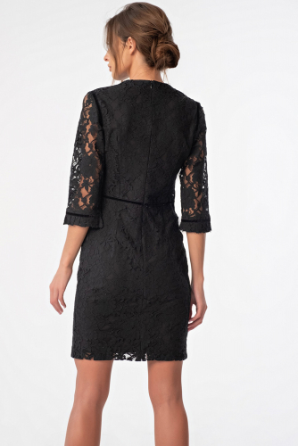 Платье кружевное приталенное короткое с рукавами черное