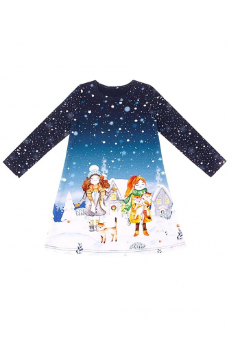 Платье АПРЕЛЬ #167429Девочки в снегу/снег и звезды на темно-синем с глиттером