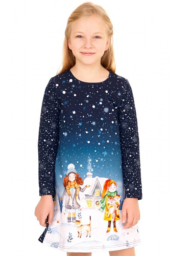 Платье АПРЕЛЬ #167429Девочки в снегу/снег и звезды на темно-синем с глиттером