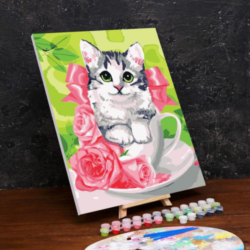 Картина по номерам на холсте с подрамником «Котенок в чашке» 40×50 см