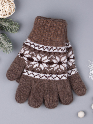 Перчатки вязаные для девочки, снежинки, коричневый