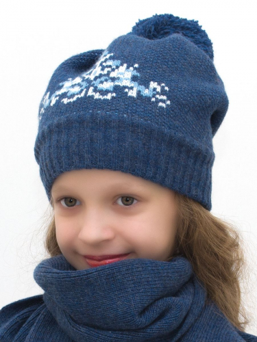 Комплект зимний для девочки шапка+шарф Снежинка (Цвет синий), размер 52-54, шерсть 70%