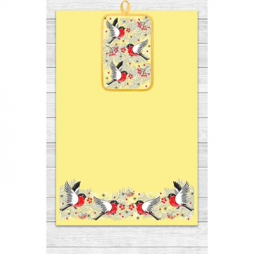 Кухонный набор Снегири (полотенце 39х60, прихватка 14,5х22) желтый, хлопок 100%, 200г/м2