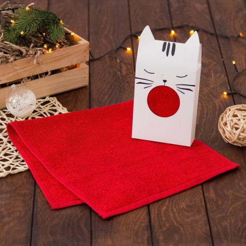 Полотенце подарочное «Котик», 30х60 см, цвет красный