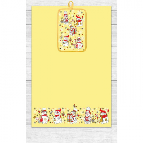 Кухонный набор Снеговики (полотенце 39х60, прихватка 14,5х22) желтый, хлопок 100%, 200г/м2