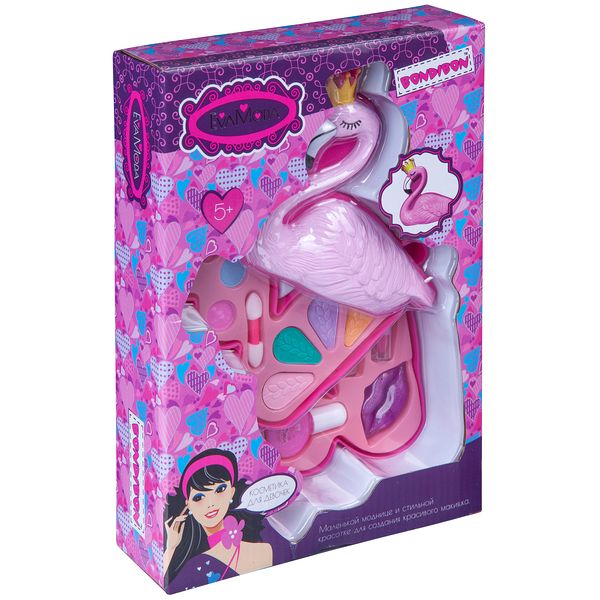Набор детской декор. косметики Bondibon Eva Moda, BOX 26x18,5x5,5 см; косметичка-фламинго, тени для век 6 оттенков (4,6г), блеск для губ (1,5г), помада 2 оттенка (2,6г), лак для ногтей (5,9г), аппликатор 1 шт.,арт. 10389D.