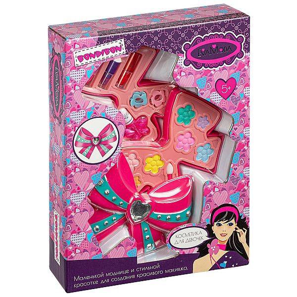 Набор детской декор. косметики Bondibon Eva Moda, BOX 26,4x20x6,5 см; косметичка-бант, тени для век 7 оттенков (4,1г), помада 3 оттенка (3,5г), лак для ногтей (7,5г), аппликатор 1шт., заколки 2 шт.,арт. 10400D.