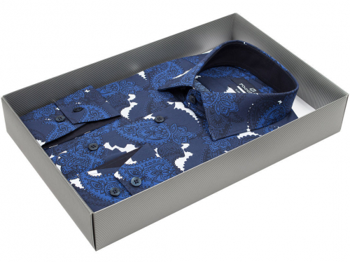 Темно-синяя приталенная мужская рубашка Poggino 5007-28 в огурцах с длинными рукавами