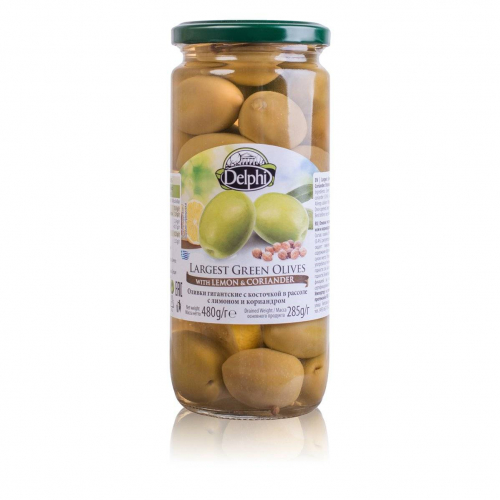 Оливки с косточкой маринованные с лимоном и кориандром DELPHI 480г