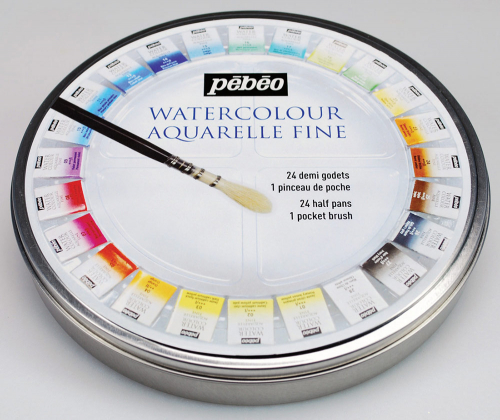 Краска акварель PEBEO набор Aquarelle Fine в металлической коробке с кистью 24 цв. 300078