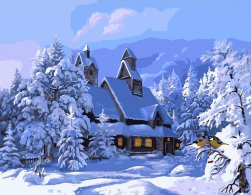 Картины по номерам 40х50 Дом в зимнем лесу