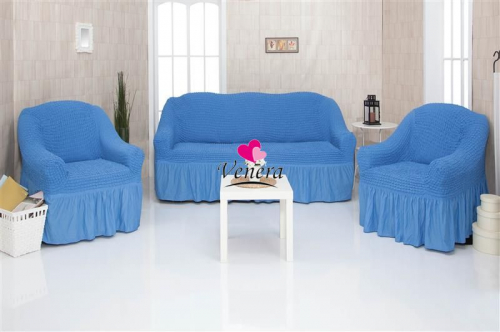 Комплект чехлов на трехместный диван и 2 кресла с оборкой лазурный 226, Характеристики